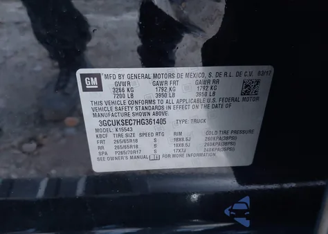 2017 Chevrolet Silverado 1500 2Lz z USA, uszkodzony, nr VIN 3GCUKSEC7HG361405